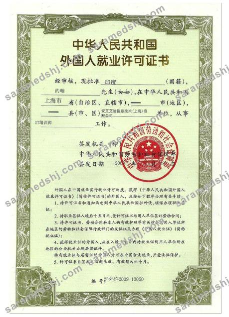 CHINA employment permit (work visa)